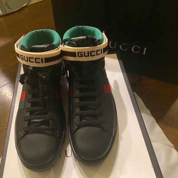 Gucci Mens Black Ace sneakers in soft leather w Web bands nylon NIB New in Box - Picture 6 of 11